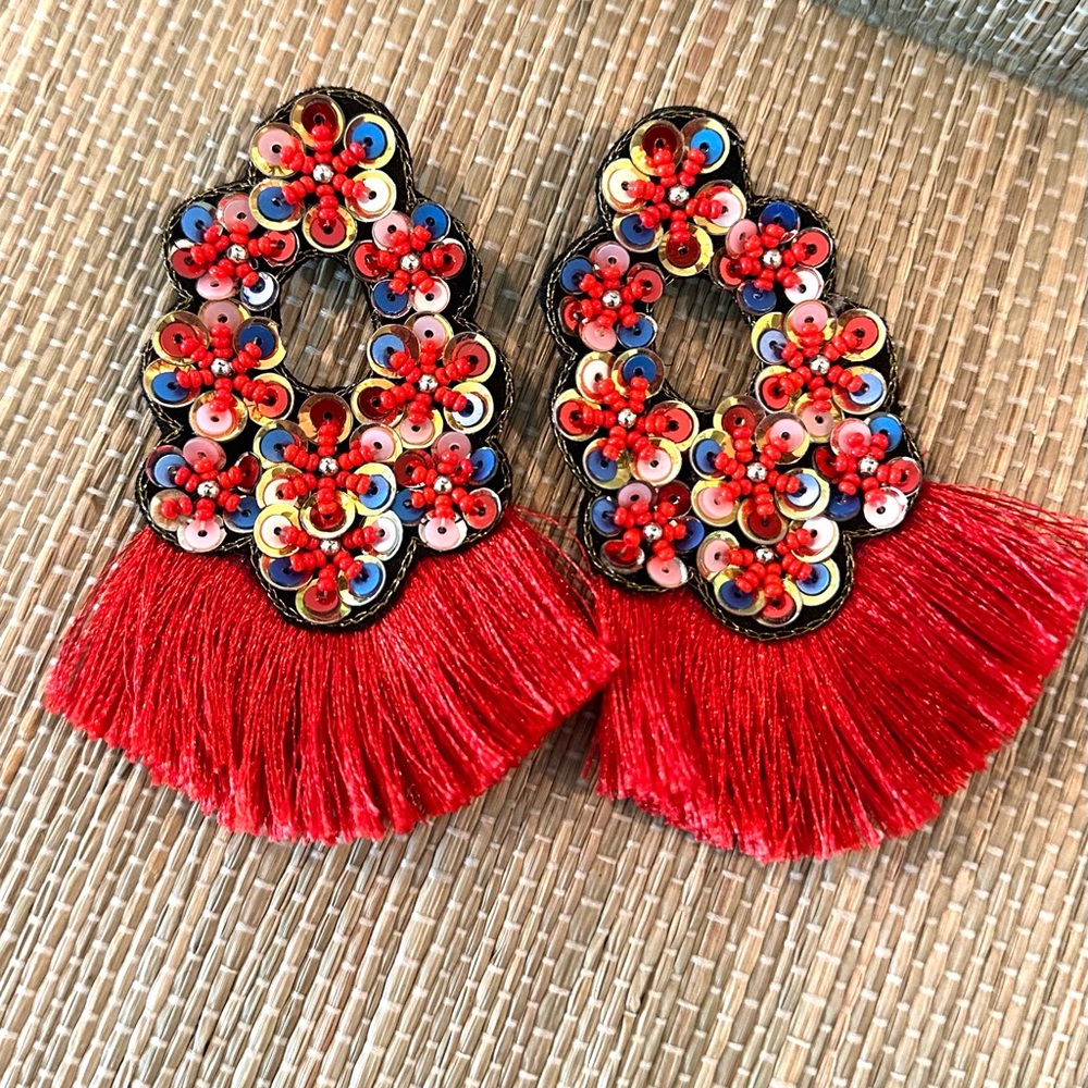 NWOT Boho Sequin Fringe Statement Earrings